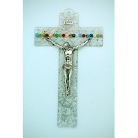 Italian Genuine Murano Glass Crucifix, Clear w/ Flowers, 9 in.