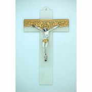 Italian Genuine Murano Glass Crucifix, Clear w/ Gold Design, 9 in.