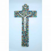 Italian Genuine Murano Glass Crucifix, Multi-Colored Flowers, 13 in.