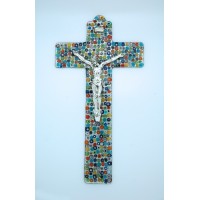 Italian Genuine Murano Glass Crucifix, Multi-Colored Flowers, 13 in.