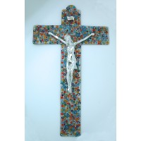 Italian Genuine Murano Glass Crucifix, Multi-Colored Flowers, 18 1/2 in.