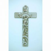 Italian Genuine Murano Glass Crucifix, Beige w/ White Swirls, 6 in.