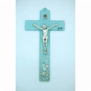 Italian Genuine Murano Glass Crucifix w/ Daisies, Blue, 6 1/2 in.