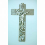 Italian Genuine Murano Glass Crucifix, Beige w/ White Swirls, 9 in.