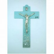 Italian Genuine Murano Glass Crucifix w/ Daisies, Blue, 9 1/2 in.