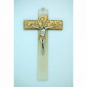 Italian Genuine Murano Glass Crucifix, Clear w/ Gold Design, 6 in.