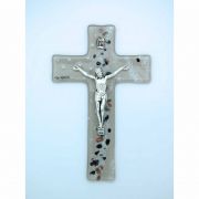 Italian Genuine Murano Glass Crucifix, Beige w/ Black & Copper, 6 in.