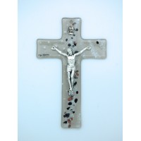 Italian Genuine Murano Glass Crucifix, Beige w/ Black & Copper, 6 in.