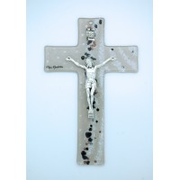 Italian Genuine Murano Glass Crucifix, Beige w/ Black & Copper, 8 in.