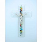 Italian Genuine Murano Glass Crucifix, Clear, Center Flowers, 6 in.