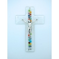 Italian Genuine Murano Glass Crucifix, Clear, Center Flowers, 6 in.