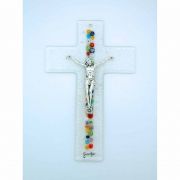 Italian Genuine Murano Glass Crucifix, Clear, Center Flowers, 8 in.