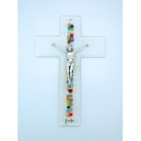 Italian Genuine Murano Glass Crucifix, Clear, Center Flowers, 8 in.