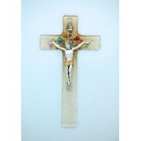 Italian Genuine Murano Glass Crucifix, Clear & Gold w/ Flowers, 6 in.