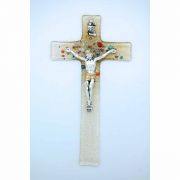 Italian Genuine Murano Glass Crucifix, Clear & Gold w/ Flowers, 8 in.
