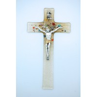 Italian Genuine Murano Glass Crucifix, Clear & Gold w/ Flowers, 8 in.