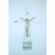 Italian Genuine Murano Glass Crucifix w/ Silver Wave, White, 10 in.