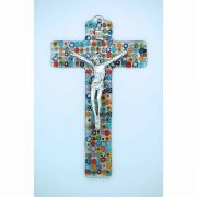 Italian Genuine Murano Glass Crucifix, Multi-Colored Flowers, 9 in.