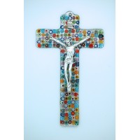 Italian Genuine Murano Glass Crucifix, Multi-Colored Flowers, 9 in.