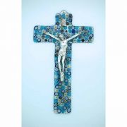 Italian Genuine Murano Glass Crucifix, Blue Flowers, 9 in.