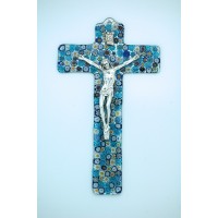 Italian Genuine Murano Glass Crucifix, Blue Flowers, 9 in.