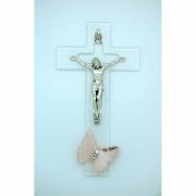 Italian Genuine Murano Glass Crucifix, Cut-Out w/ Pink Butterfly, 6 1/4 in.