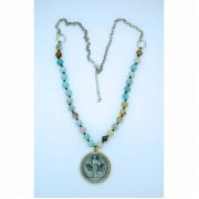 Gemstone Necklace, Extra Large St. Benedict Medal, Long Agate Chain