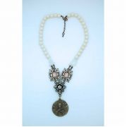 White Pearl and Pink Glass Necklace, Brass Immaculate Conception Medal
