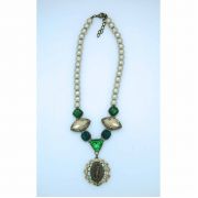 Vintage Style Faux Pearl Necklace, Green/Champagne Crystals, Miraculous Medal