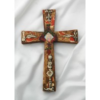 Mexican Hand Painted Cross w/ Milagros, 9 in.