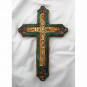 Mexican Hand Painted Cross w/ Milagros, Blue, 12 in.