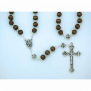 10 mm. Brown Wood Rosary from Fatima, Silver Our Father Beads