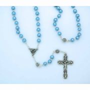 6 mm. Glass Pearl Rosary from Fatima, Silver Rose Our Father Beads, Blue