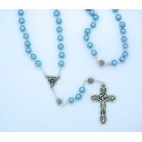 6 mm. Glass Pearl Rosary from Fatima, Silver Rose Our Father Beads, Blue