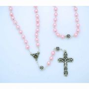6 mm. Glass Pearl Rosary from Fatima, Silver Rose Our Father Beads, Pink