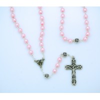 6 mm. Glass Pearl Rosary from Fatima, Silver Rose Our Father Beads, Pink