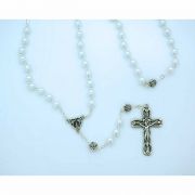 6 mm. Glass Pearl Rosary from Fatima, Silver Rose Our Father Beads, White