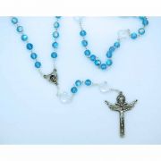 8 mm. Blue Glass Rosary from Fatima, Crystal Cross Our Father Beads
