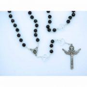 8 mm. Black Glass Rosary from Fatima, Crystal Cross Our Father Beads