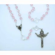 8 mm. Pink Glass Rosary from Fatima, Crystal Cross Our Father Beads