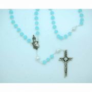 8 mm. Light Blue Crystal Rosary w/ Silver Our Father Beads from Fatima
