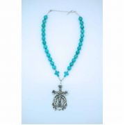 Sterling Silver Gemstone Necklace, Round Turquoise Beads, Extra Large Sterling Silver Crucifix w/ Two Angels