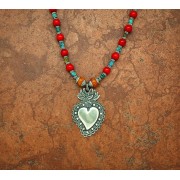 Sterling Silver Gemstone Necklace, Heart with Flame, Coral, Turquoise & Amber