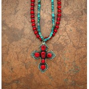 Sterling Silver Gemstone Necklace, Large Coral Cross, Double Coral & Turquoise Chain