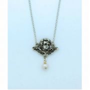 Sterling Silver Necklace, Angel Face w/ Pearl, 18 in. Sterling Silver Chain