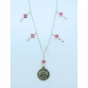 Sterling Silver Necklace, St. Teresa Medal, 18 in. Sterling Silver Chain w/ Pink Crystals