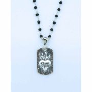 Sterling Silver Dog Tag Sacred Heart on Black Onyx Chain