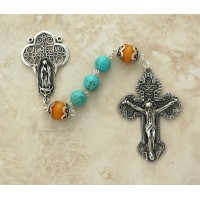 Sterling Silver Rosary, Turquoise Balls w/ Amber Our Father Beads