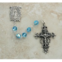 Sterling Silver Rosary, Swarovski Crystal, Aqua, Lourdes Center