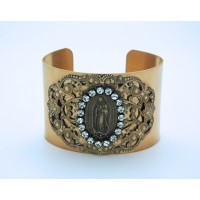 Vintage Style Cuff Bracelet, Guadalupe Medal, Clear Swarovski Crystals
